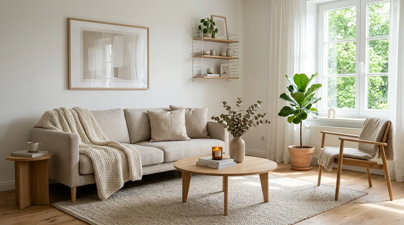 Minimalist cozy living room with white walls, light wood furniture, and neutral sofa